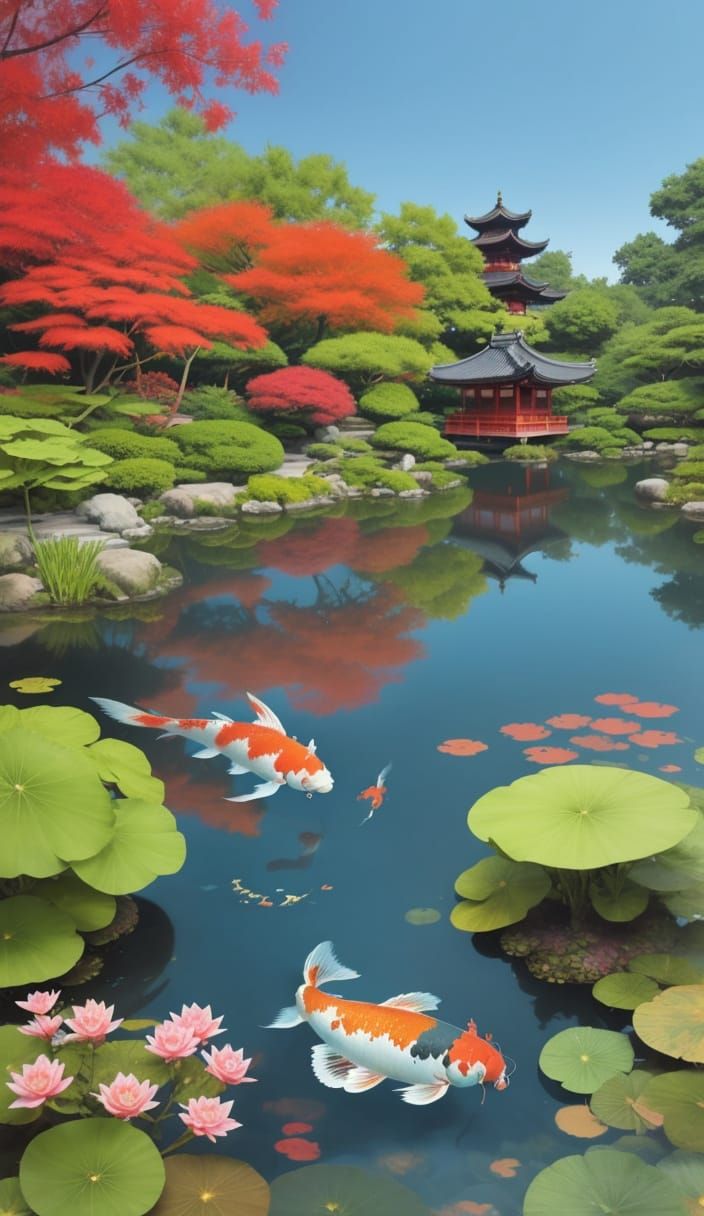 Reflective Koi Pond in Japanese Garden