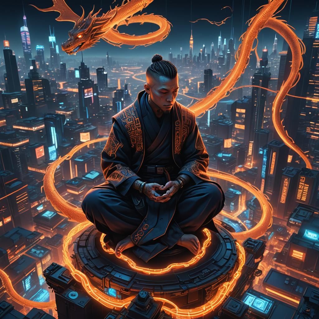 Cyberpunk Monk Meditating in Neon Cityscape