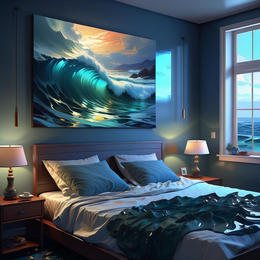 Ocean Bedroom Glitch Art in Digital Painting Style