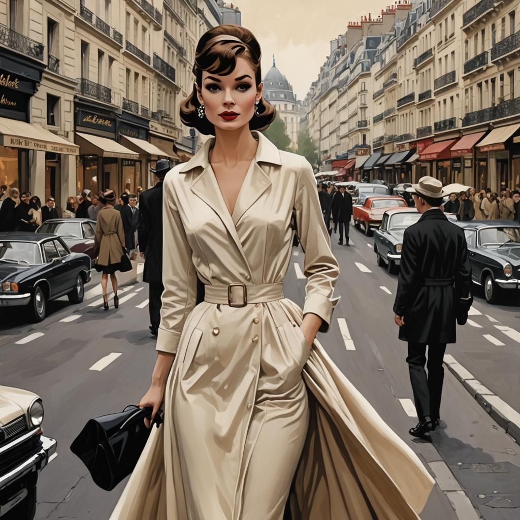 Parisian Woman in Audrey Hepburn Style Illustration