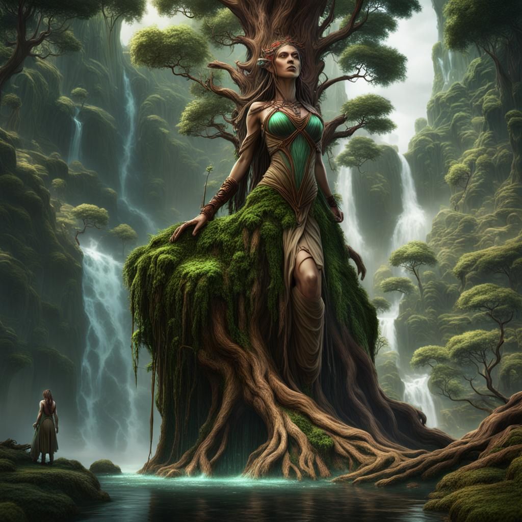 Giant Tree Woman Near Waterfall: Fantasy Concept Art