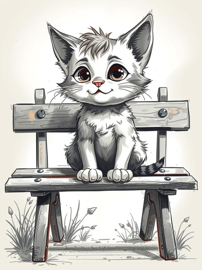 monochromatic industrial design sketch of A cute kitten is sitting on a bench and looking up at the sun, dynamic pose, p...