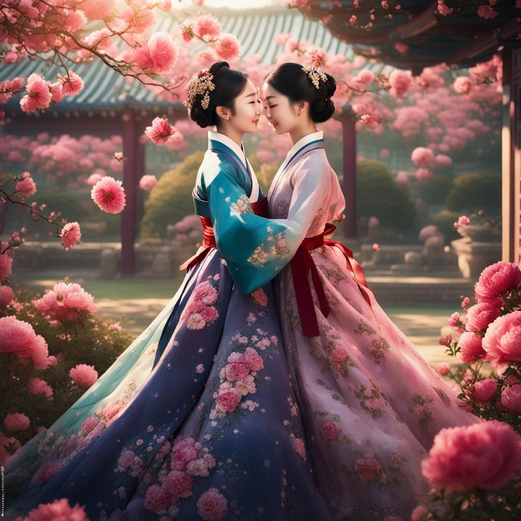 Korean Women in Hanbok Embrace in Fantasy Garden