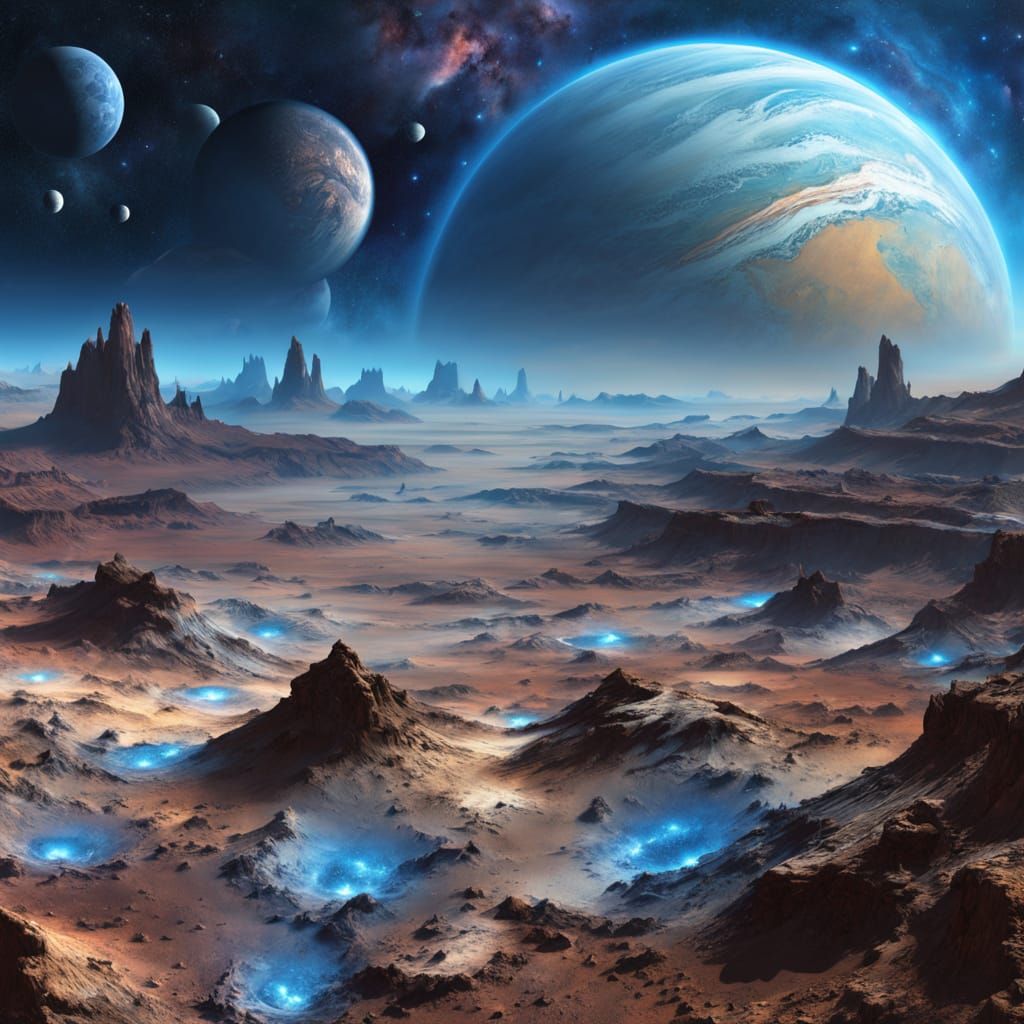 Surreal Blue Planet Rises Over Barren Horizon in Ethereal, C...