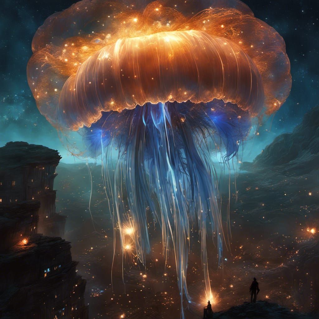 Glowing Jellyfish Fireworks in Bioluminescent Galaxy