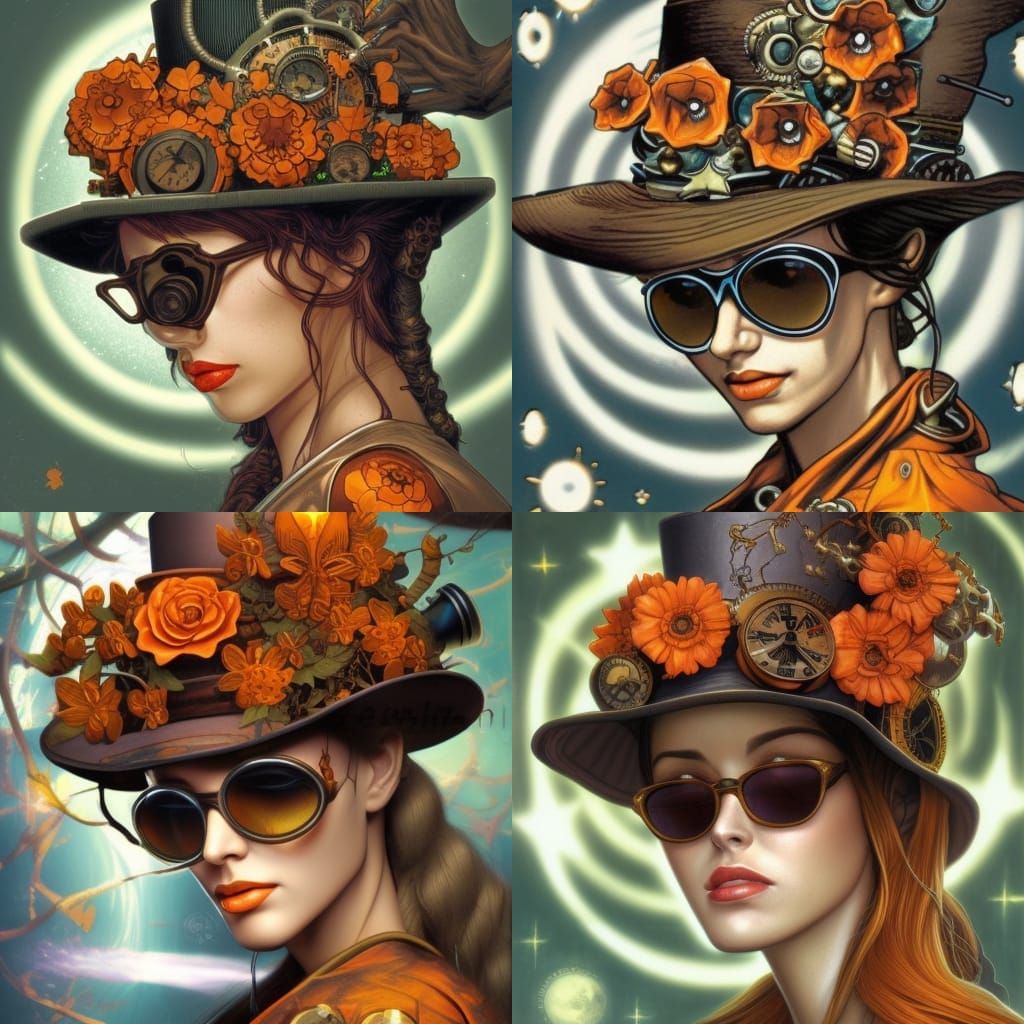 Steampunk Woman with Flowers in Comic Book Style