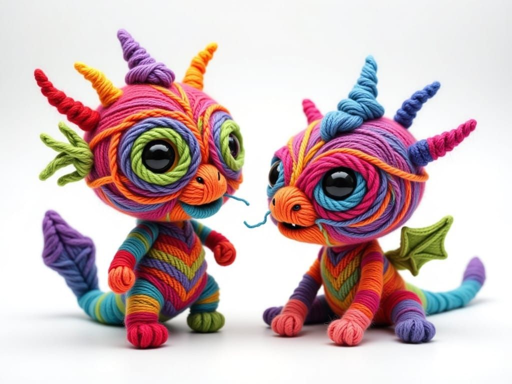 Vibrant Yarn Dragons in Whimsical Space Scene