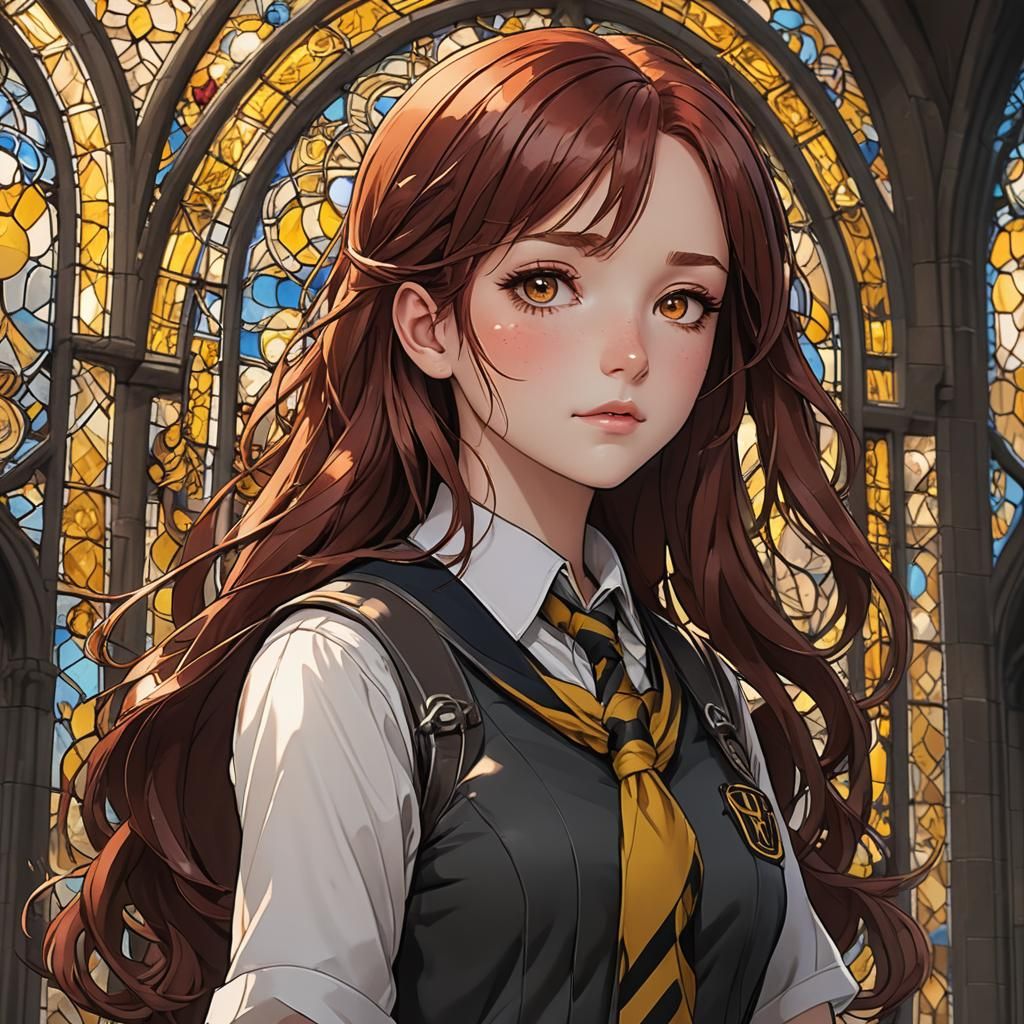 Stained Glass Hufflepuff Girl in Anime Style