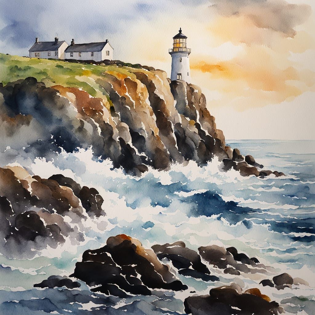 Lighthouse on Rocky Coast in Watercolour Style