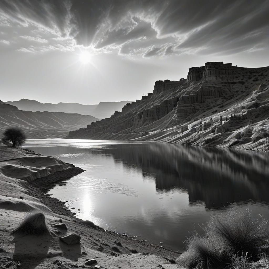 Hyperdetailed Charcoal Drawing of Gadisar Lake in Jaisalmer