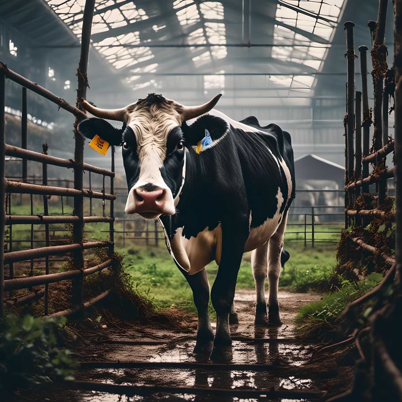 Holstein Cow Portrait Behind Fence in Barn