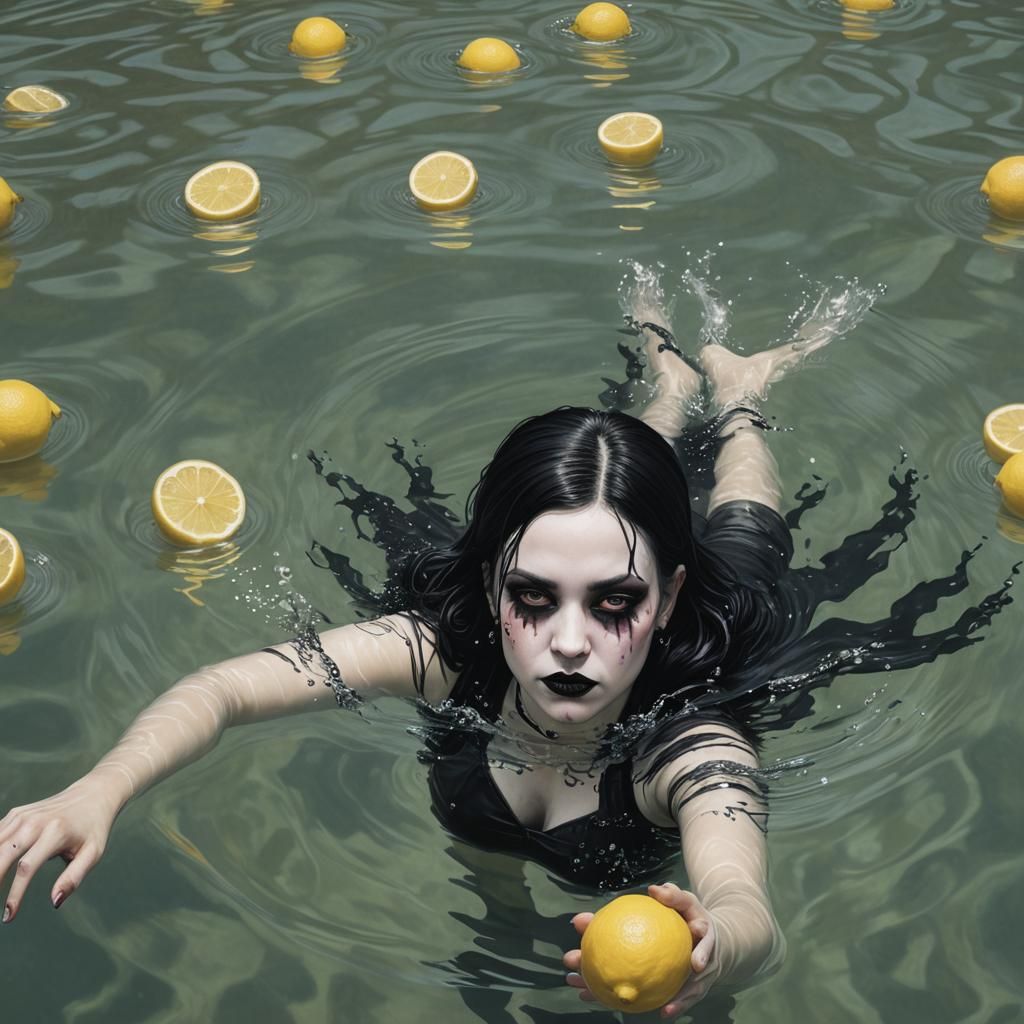 Goth girl swimming in lemonade, photorealistic