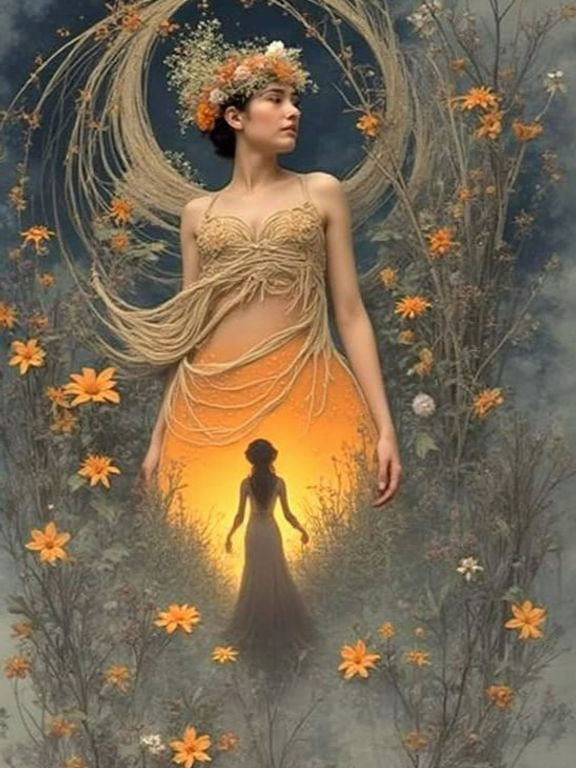 Elegant Woman on Misty Cliff with Wildflowers