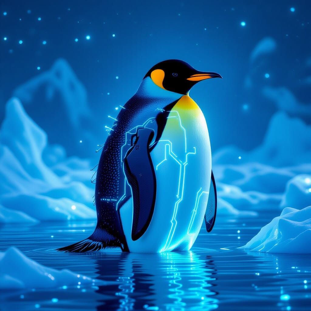 Bioluminescent Biomechanical Penguin in Cyberpunk Style