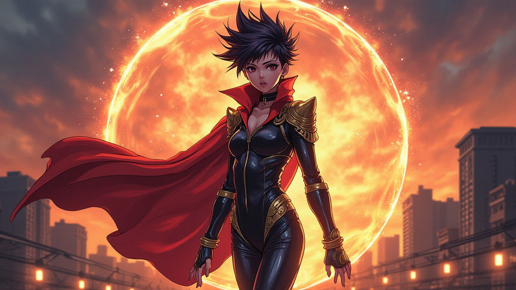 Anime Warrior in Dynamic Sunset Cityscape