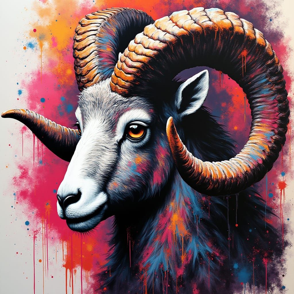 Majestic Aries Ram Graffiti Silhouette in Polychromatic Stre...