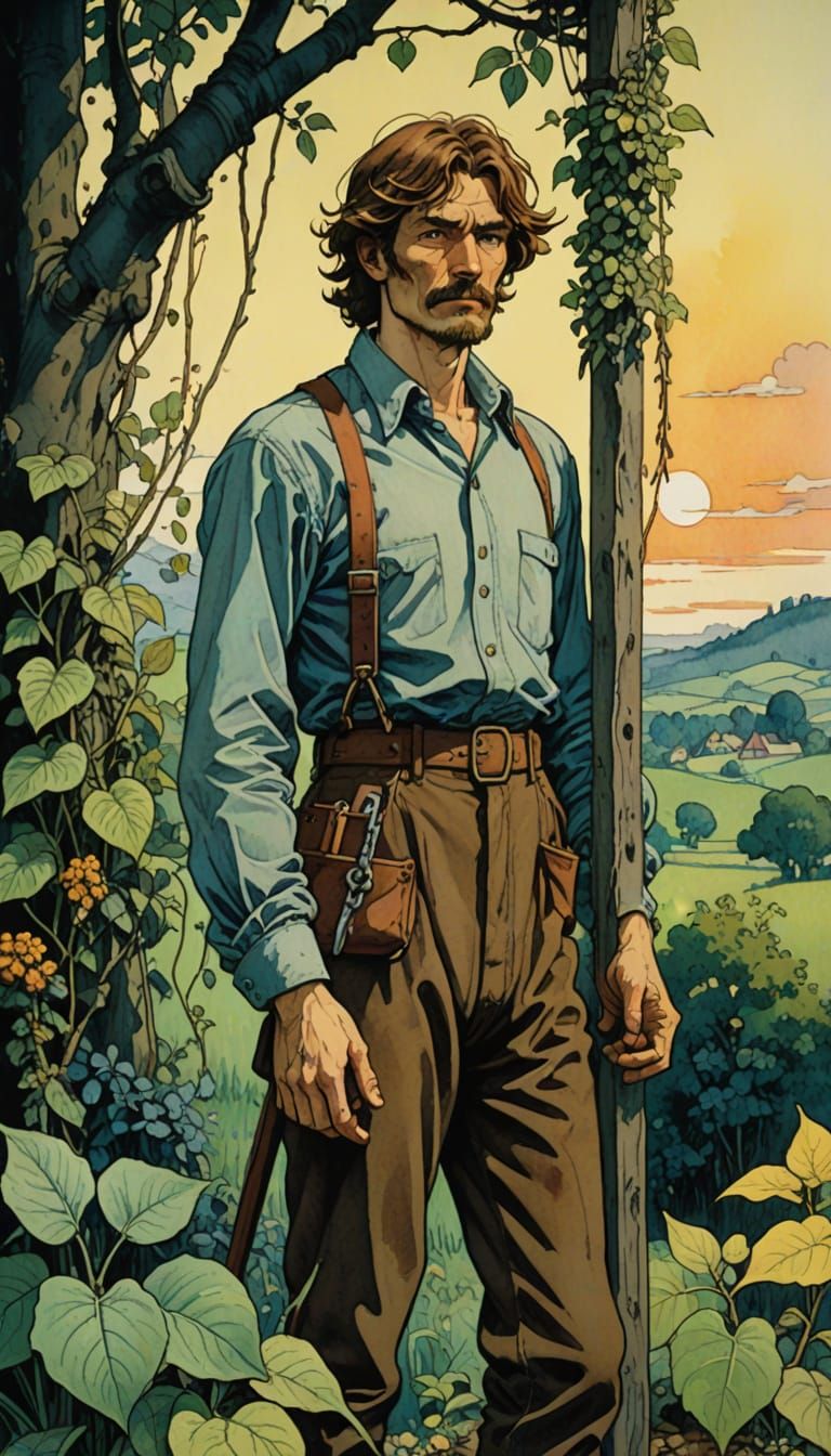 Decaying Body in Gibbet, Vibrant Plants, Watercolor Style