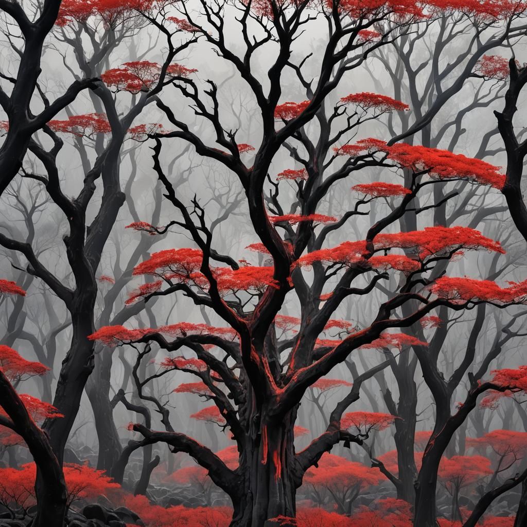 Scarlet Tree Radiates Intense Heat in Volcanic Landscape