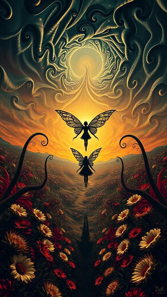 Surreal Landscape with Elastic Flora and Goth Fairy