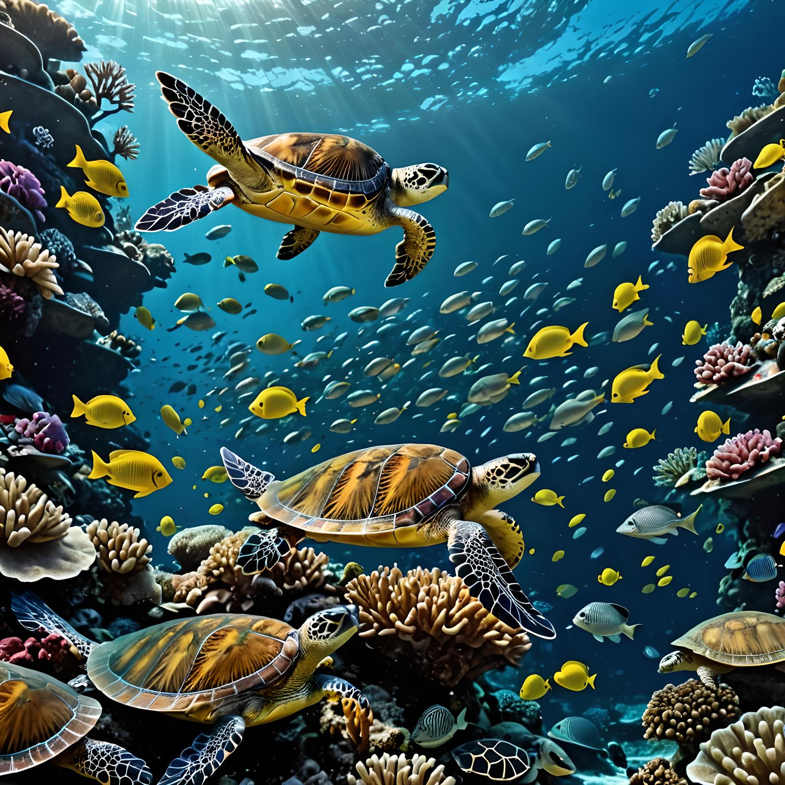 Hyperrealistic Reef Scene with Fish and Turtle