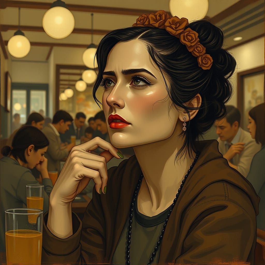 Contemplative Woman in Cafe, in an Expressionist Style