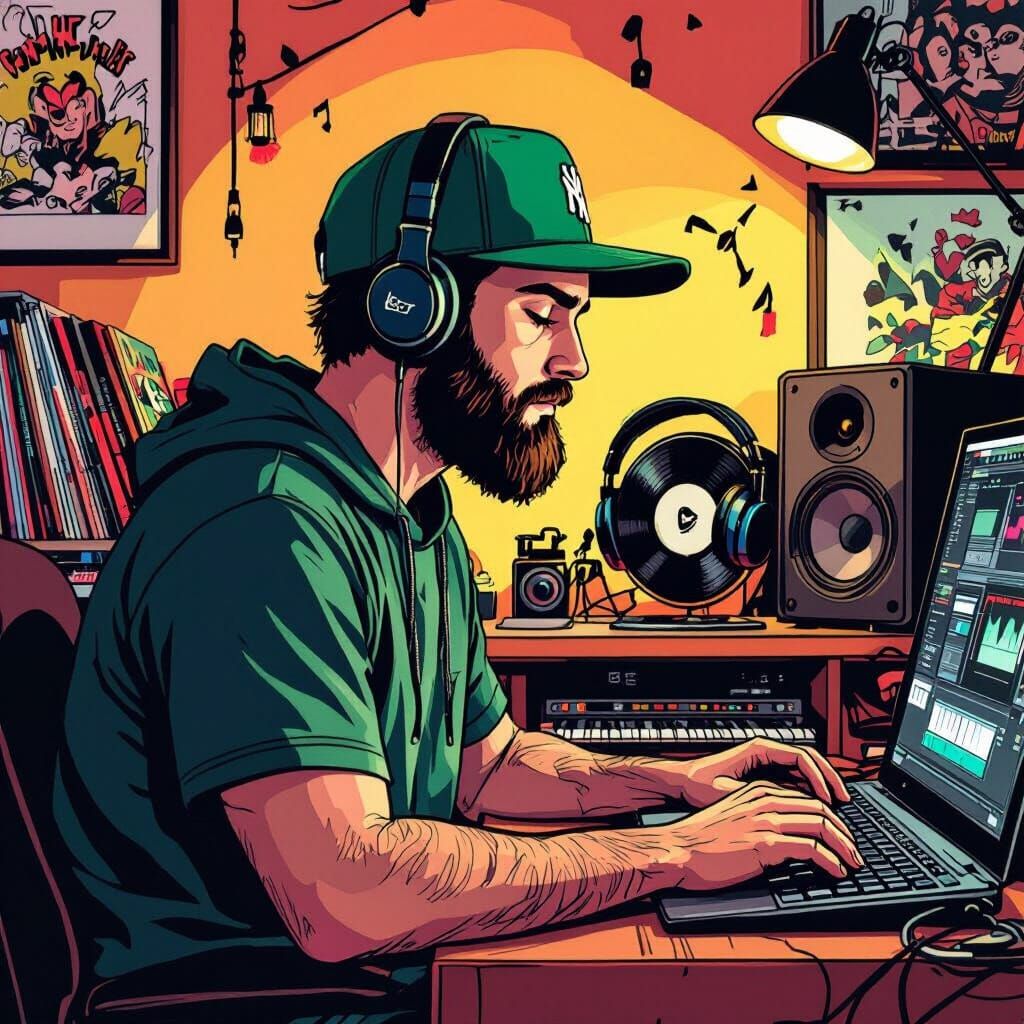 Focused Young Man in Cozy Studio as Comic Art