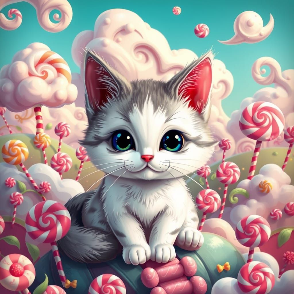 Surreal Whimsical Cat in a Vibrant Candyland Landscape