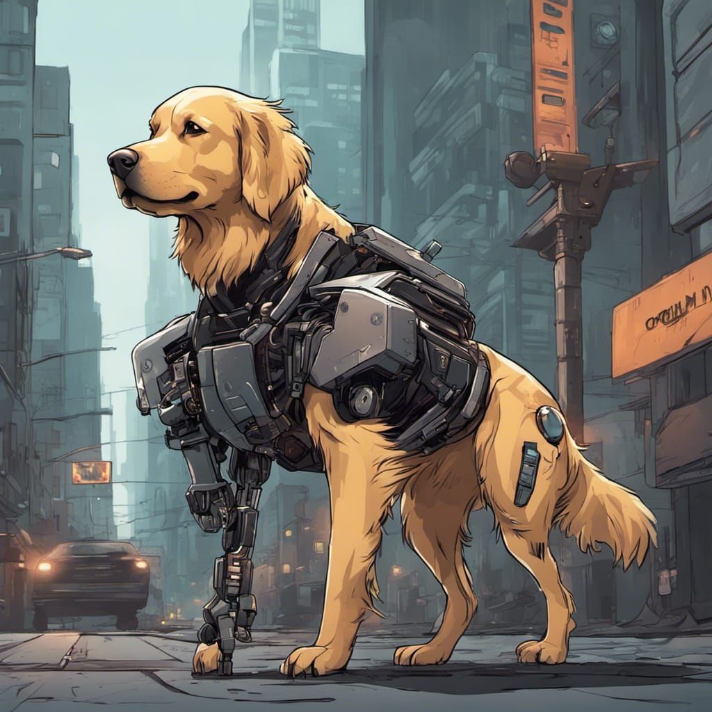 Cyborg Golden Retriever in Cyberpunk City