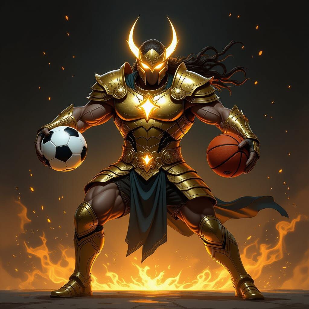 Mythological Warrior with Sports Balls in Fantasy Digital Ar...