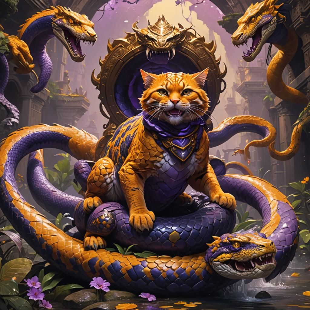 Orange Cat Rides Two-Headed Anaconda: Fantasy Art