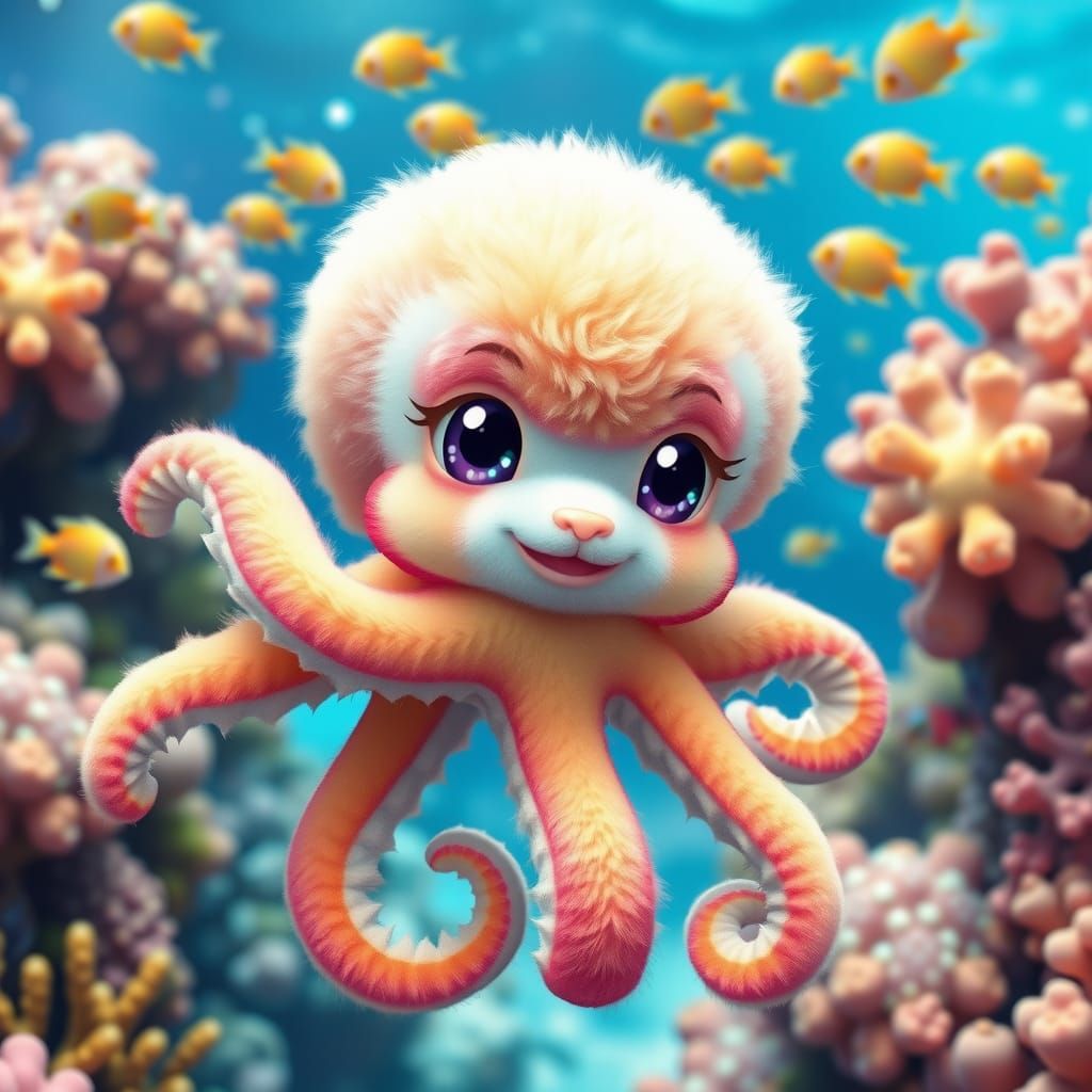Rainbow Octopus Puppy Chasing Fish in Coral Reef