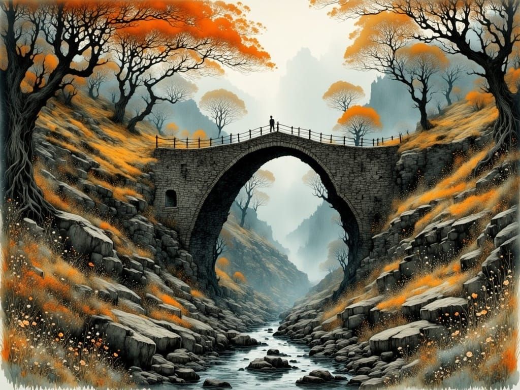 Ethereal Scottish Highlands Bridge in Whimsical, High-Contra...