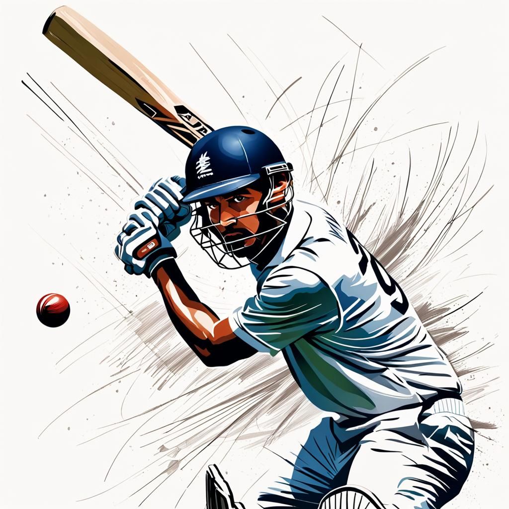 Cricket Batsman Hitting Ball in Expressive Line Art