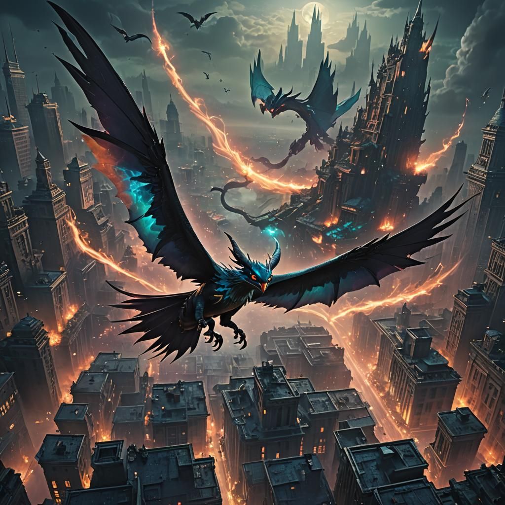 Noivern Soaring Through Ruined Cityscape