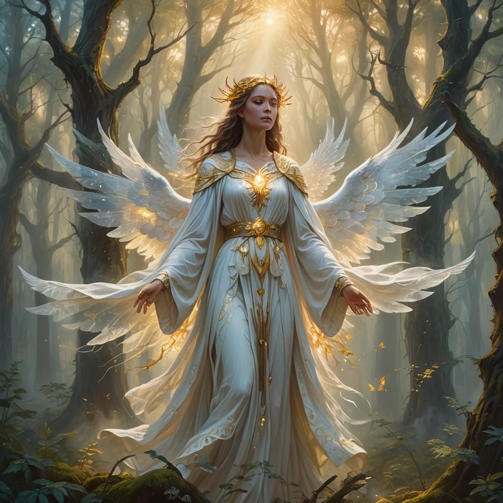 Divine Being in Ethereal Forest: Oil Painting