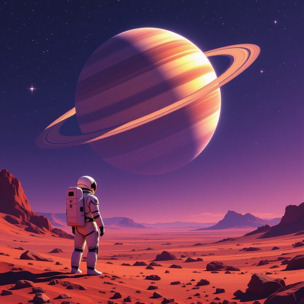 Astronaut Gazes at Ringed Planet on Mars