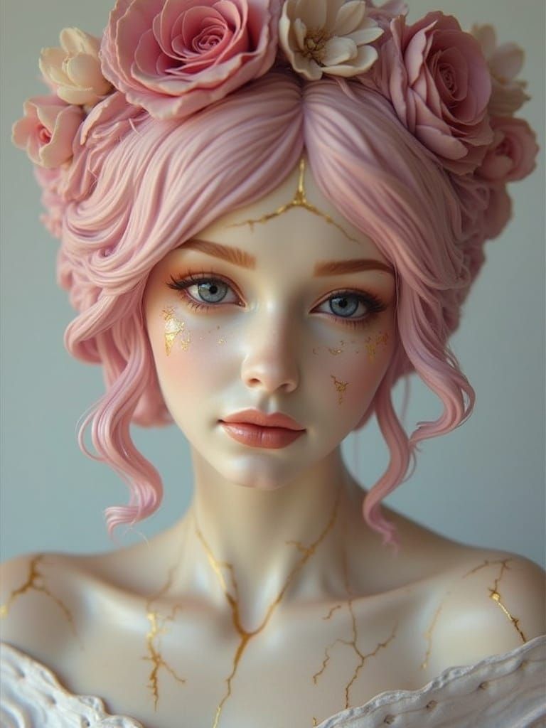 Exquisite Porcelain Woman Statue With Gold Veins