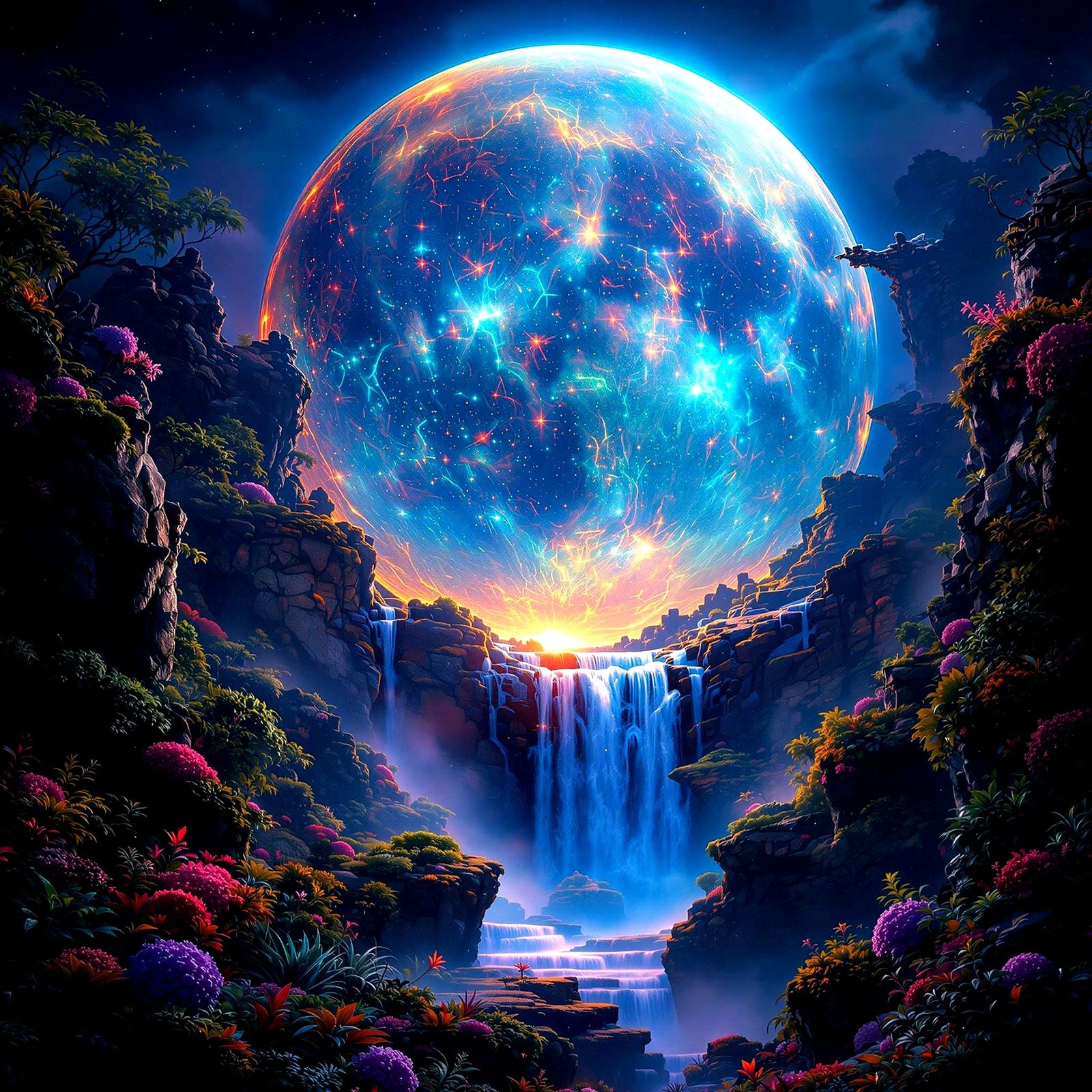 Steampunk Jungle Moon with Waterfalls in Double Exposure