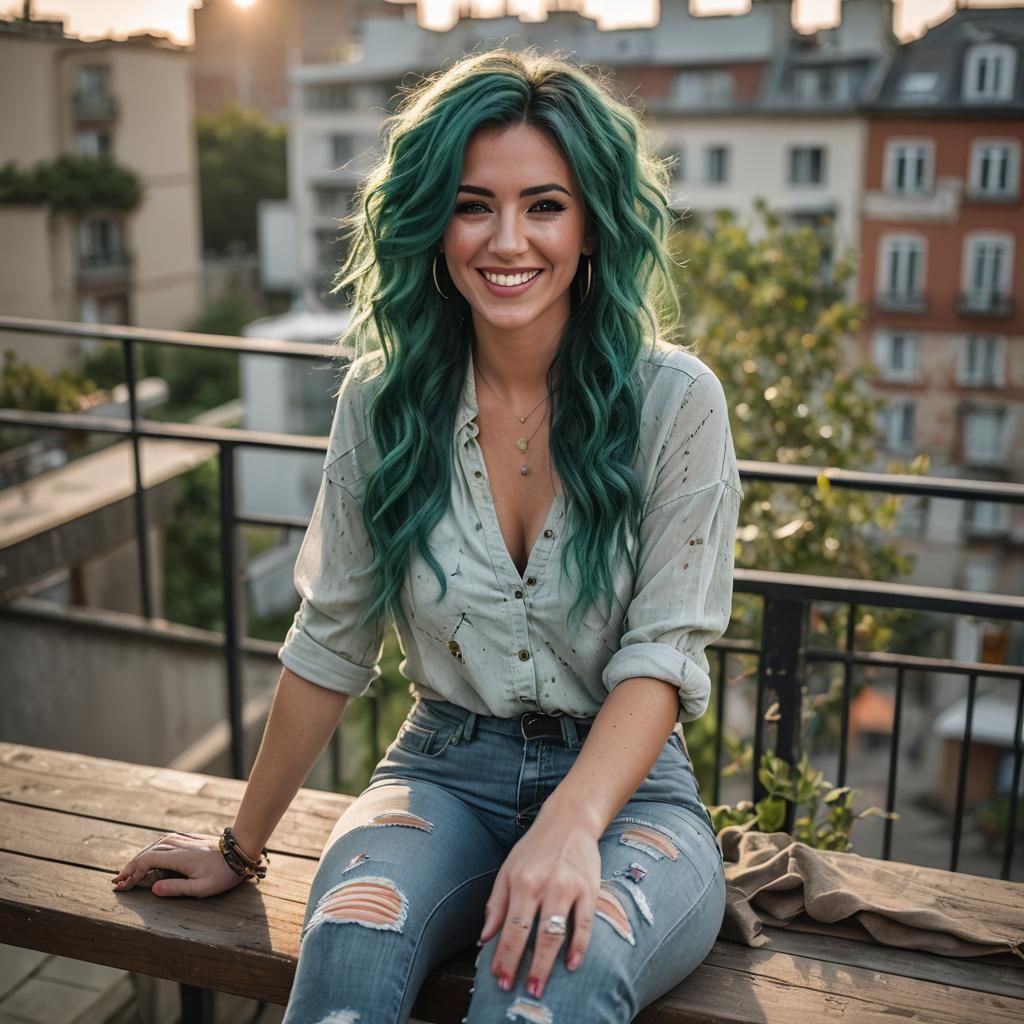 Green-Haired Woman with Bokeh in Professional Photo