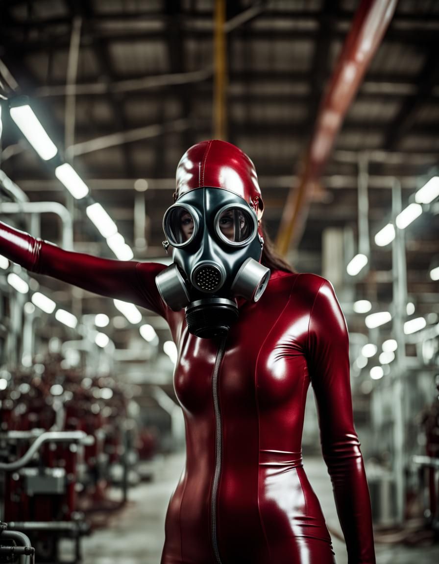 Woman in Latex Catsuit and Gasmask in Factory