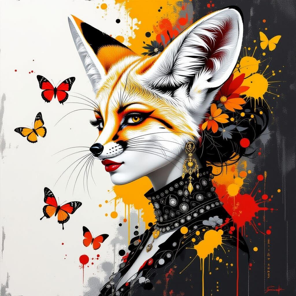 Surreal Portrait: Woman and Fennec in Expressive Art