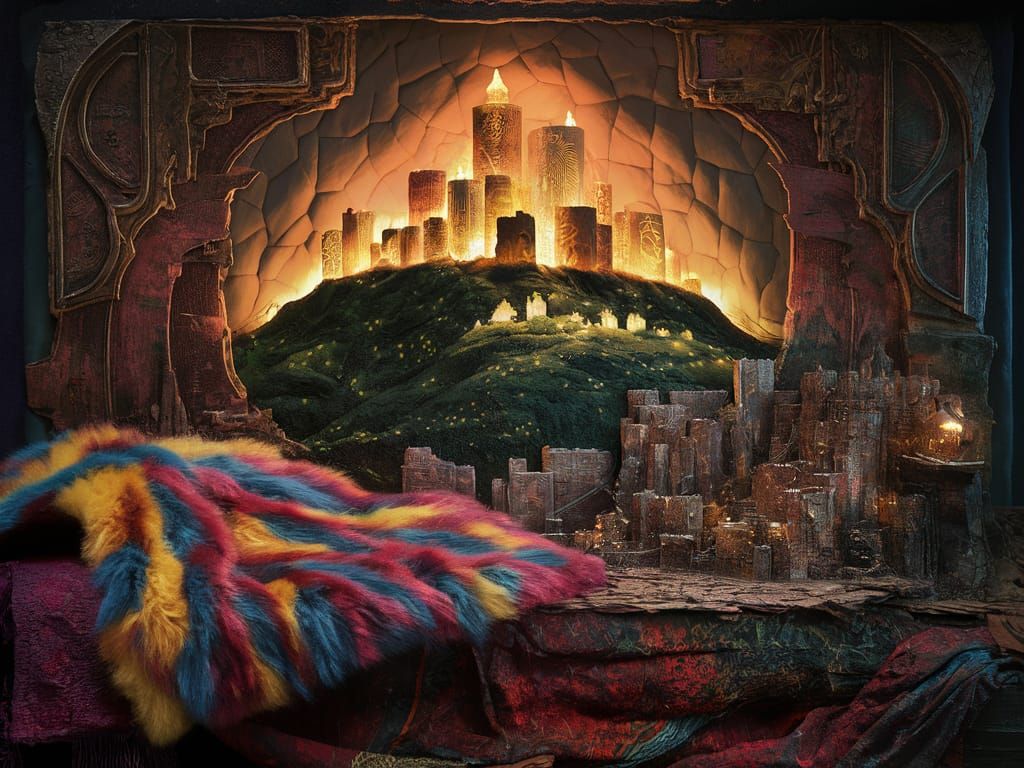 Glowing Metropolis on a Hill: Embossed Patchouliwork Art