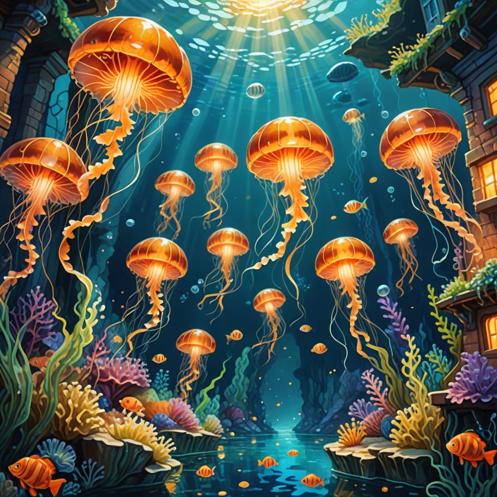 Nemo's Underwater City in Gouache Style