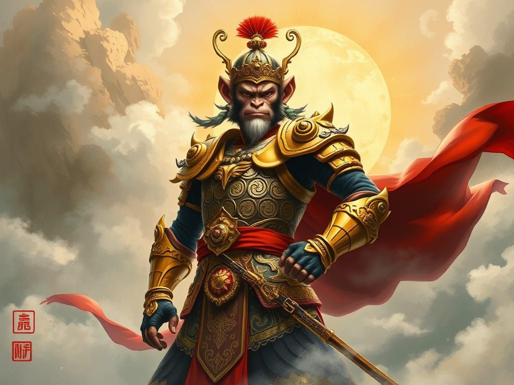Majestic Sun Wukong, Chinese Mythical Monkey King in Regal G...