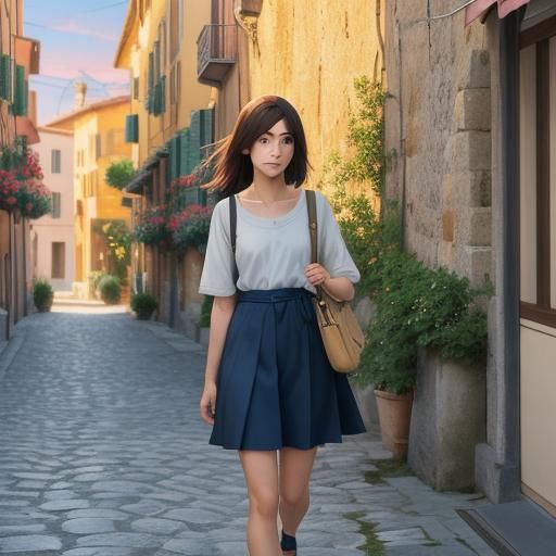 A Young Woman Strolls Through Italian Town Streets at Sunset...