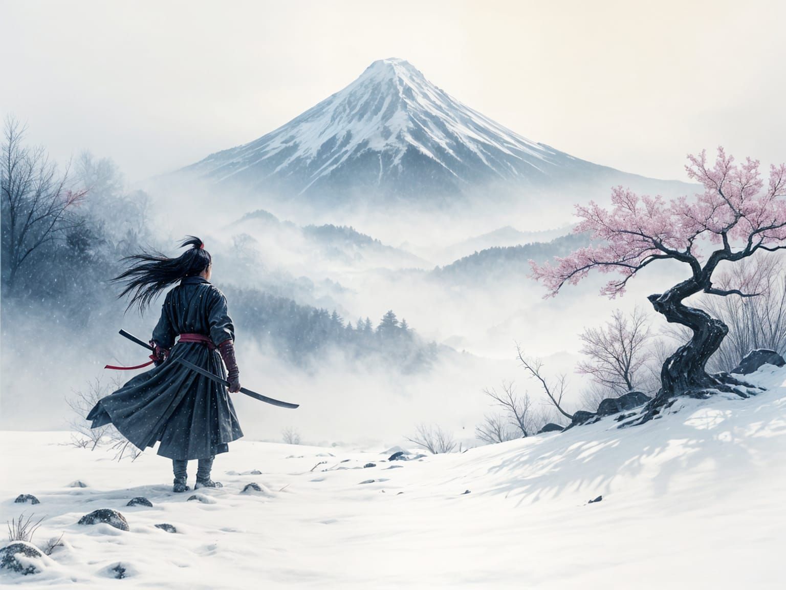 Samurai in Snowy Fog with Katana: Minimalist Masterpiece