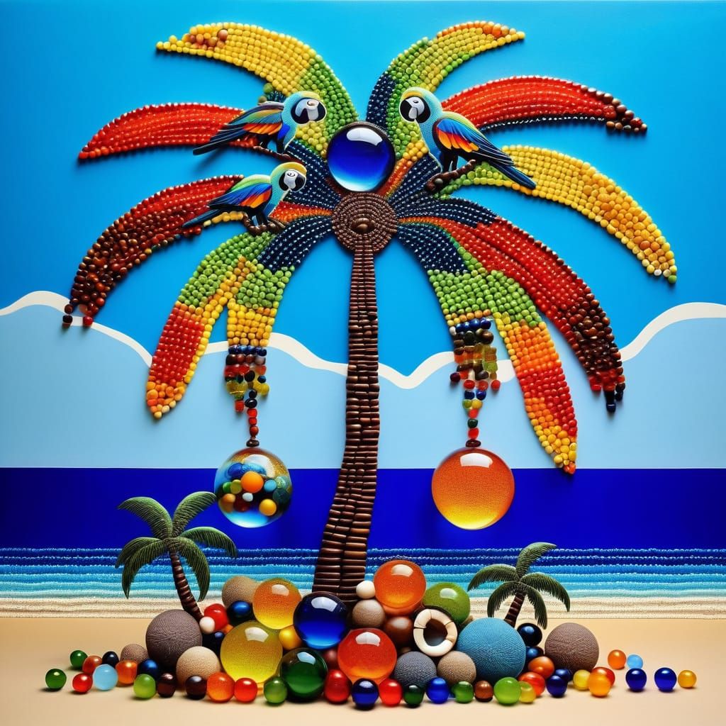 Colorful Glass Bead Collage of Tropical Beach Scene