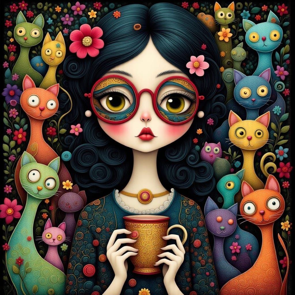 Whimsical Woman with Cats in Folk Art Style
