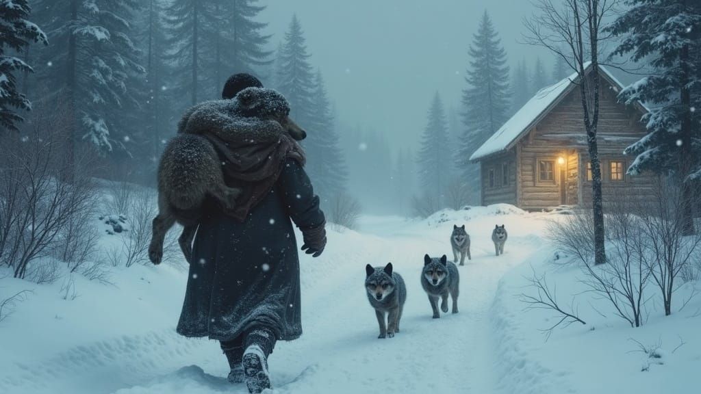 Elderly Woman Carries Wounded Wolf Through Taiga Blizzard