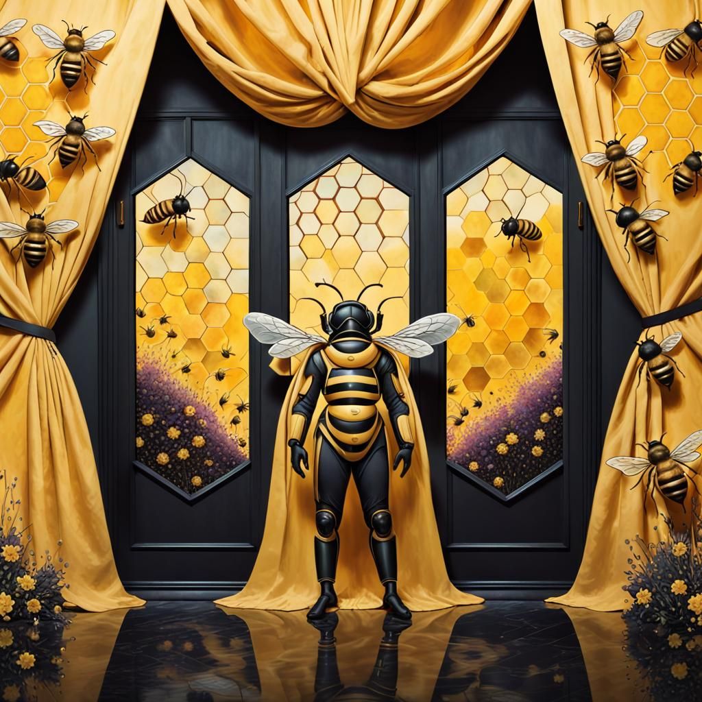 Bee Costume in a Honeycomb Palace, Gouache Painting